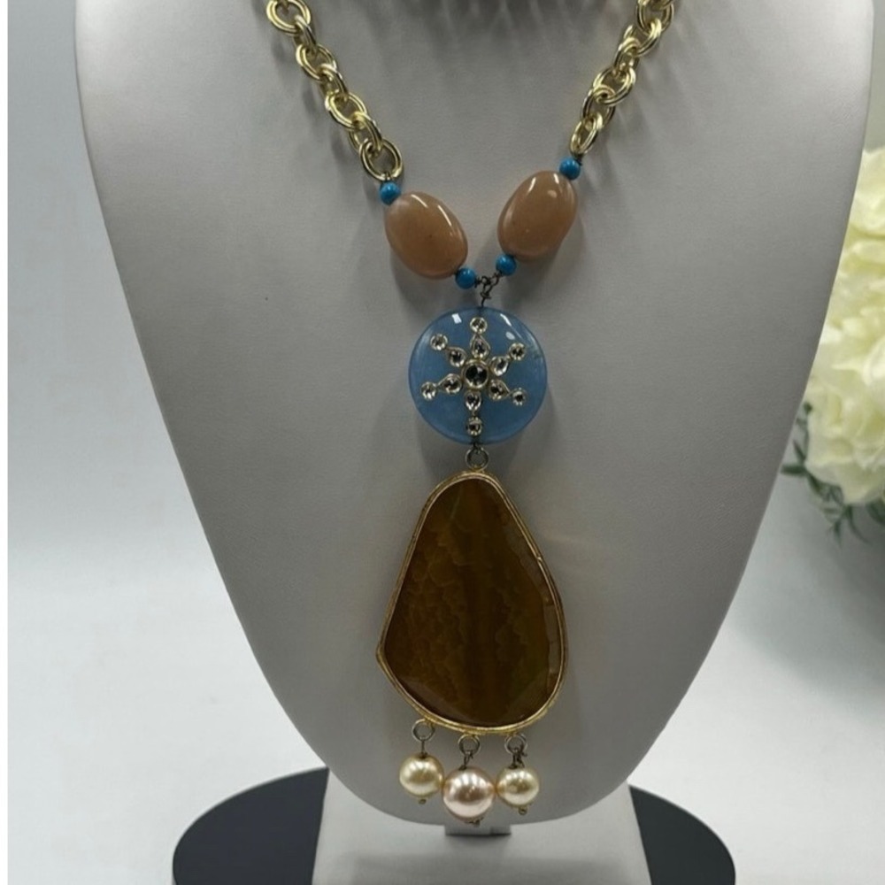 Vintage Gold Chain Brown Stone Pendant Blue Beads Pearl Statement Necklace‎